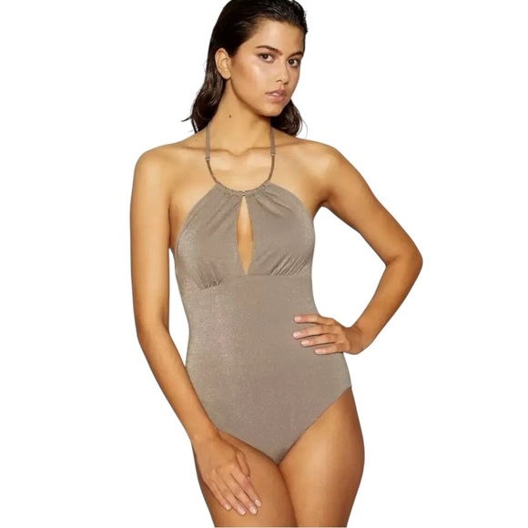 Azure Glitter Metal Embellished Halter Swimsuit - Picture 1 of 7